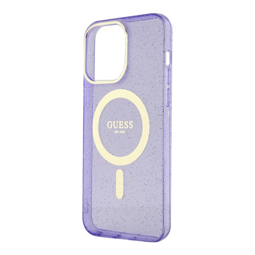 Чехол Guess Glitter Metal outline Hard для iPhone 13 Pro, фиолетовый/золотой (MagSafe)