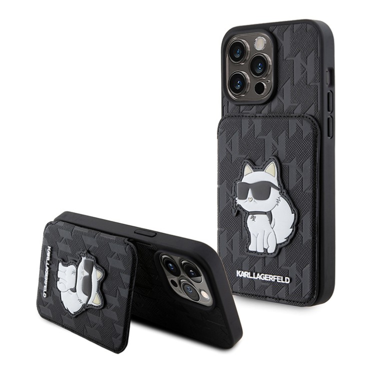 Lagerfeld для iPhone 15 Pro чехол Cardslot Stand PU Saffiano Monogram NFT Choupette Hard Black