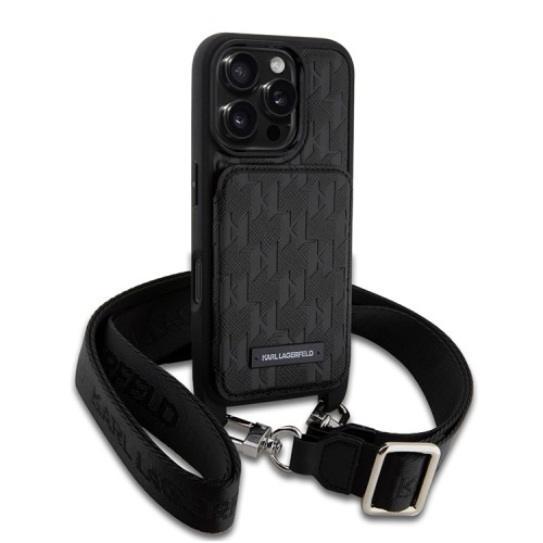Karl Lagerfeld для iPhone 16 Pro Max чехол Crossbody cardslot PU Monogram Plate logo Hard Black
