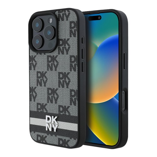 DKNY для iPhone 16 Pro чехол PU Checkered Printed stripes Metal logo Hard Black