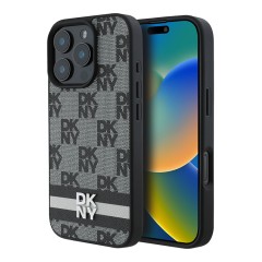 DKNY для iPhone 16 Pro чехол PU Checkered Printed stripes Metal logo Hard Black