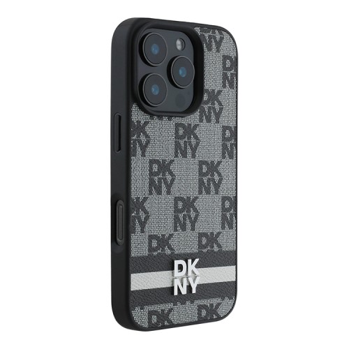 DKNY для iPhone 16 Pro чехол PU Checkered Printed stripes Metal logo Hard Black
