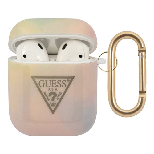 Чехол Guess Tie & Dye Triangle Electroplate logo с кольцом для Airpods 1/2, розовый