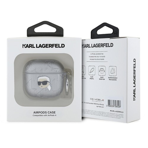 Karl Lagerfeld для Airpods 4 чехол PU Saffiano Monogram with ring NFT Metal Head Karl Silver