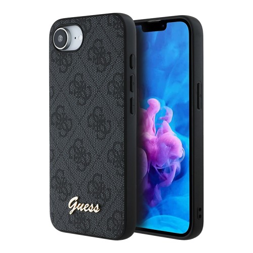 Guess для iPhone 16e чехол PU 4G Script metal logo Hard Black (MagSafe)