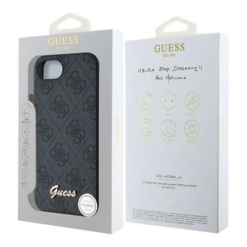 Guess для iPhone 16e чехол PU 4G Script metal logo Hard Black (MagSafe)