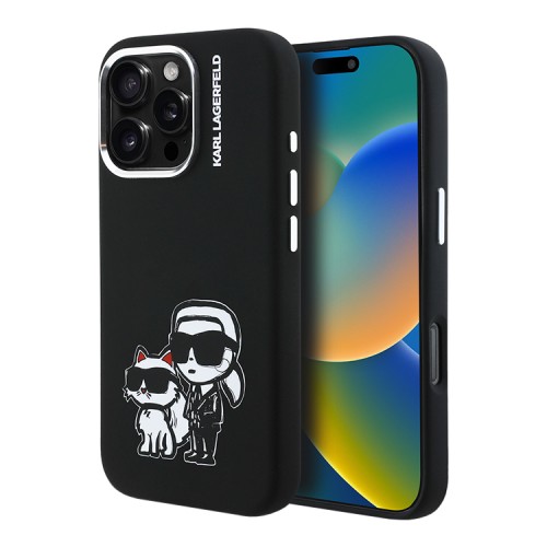 Karl Lagerfeld для iPhone 16 Pro чехол Liquid Silicone Sketch Karl&Choupette Black (MagSafe)