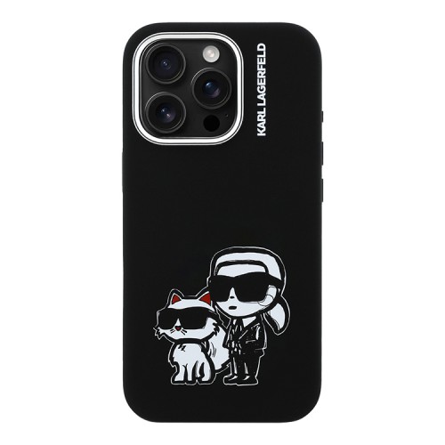 Karl Lagerfeld для iPhone 16 Pro чехол Liquid Silicone Sketch Karl&Choupette Black (MagSafe)