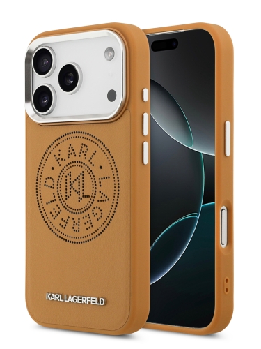Karl Lagerfeld для iPhone 17 Pro Max чехол PU Perforated Round logo Metal camera Hard Brown (MagSafe)