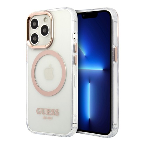 Чехол Guess Metal outline Hard для iPhone 13 Pro Max, прозрачный/золотой (MagSafe)
