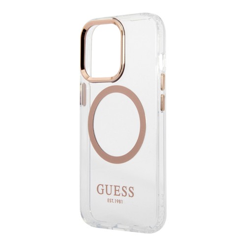 Чехол Guess Metal outline Hard для iPhone 13 Pro Max, прозрачный/золотой (MagSafe)