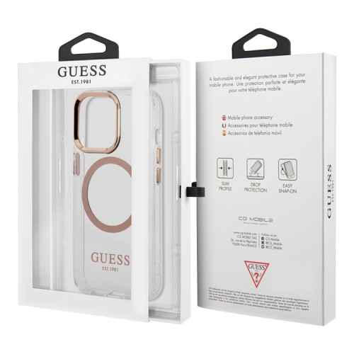Чехол Guess Metal outline Hard для iPhone 13 Pro Max, прозрачный/золотой (MagSafe)