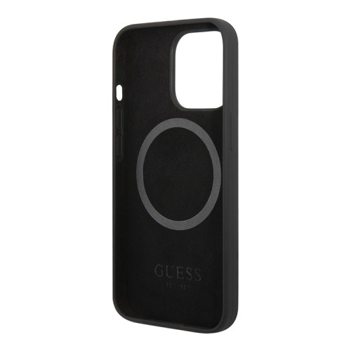Чехол Guess Liquid Silicone Plate metal logo Hard для iPhone 13 Pro Max, черный (Magsafe)