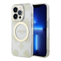 Чехол Guess Peony Glitter Hard для iPhone 13 Pro, прозрачный/золотой (MagSafe)