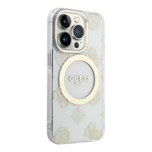 Чехол Guess Peony Glitter Hard для iPhone 13 Pro, прозрачный/золотой (MagSafe)