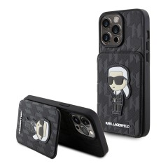 Lagerfeld для iPhone 15 Pro чехол Cardslot Stand PU Saffiano Monogram NFT Karl Ikonik Hard Black