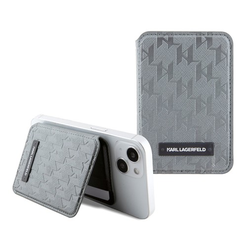 Karl Lagerfeld магнитный бумажник-подставка Wallet MagSafe Cardslot Stand Saffiano Monogram Plate loogo Silver