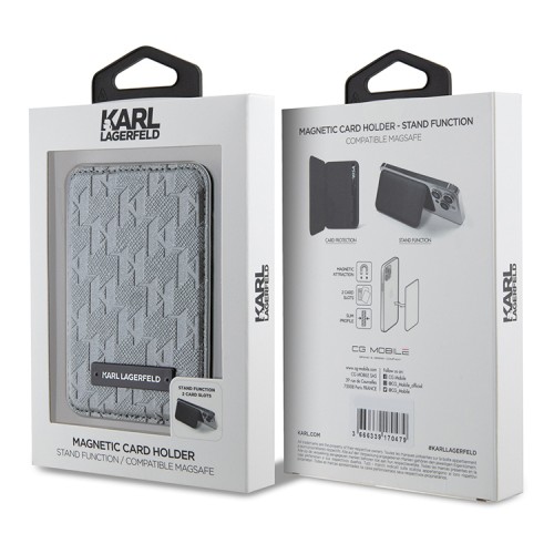 Karl Lagerfeld магнитный бумажник-подставка Wallet MagSafe Cardslot Stand Saffiano Monogram Plate loogo Silver