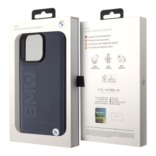 BMW для iPhone 15 Pro Max чехол Signature Leather Logo imprint Hard Navy (MagSafe)