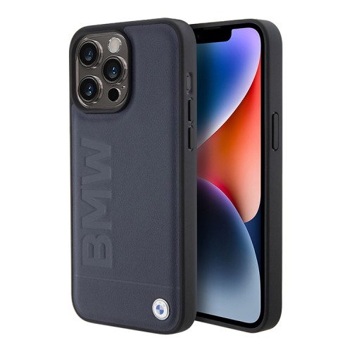 BMW для iPhone 15 Pro Max чехол Signature Leather Logo imprint Hard Navy (MagSafe)