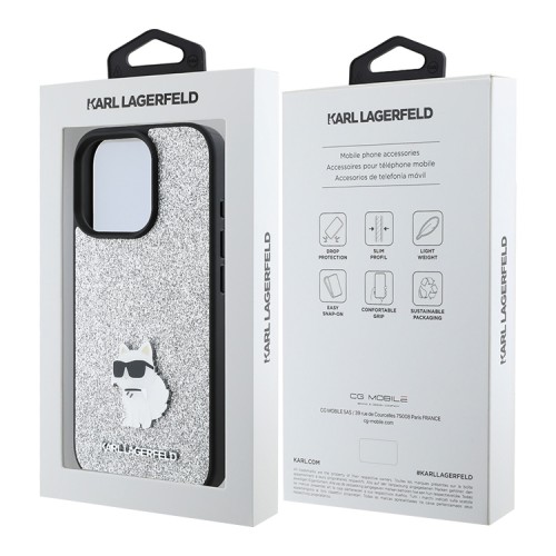 Karl Lagerfeld для iPhone 16 Pro Max чехол Fixed glitters NFT Choupette Silver