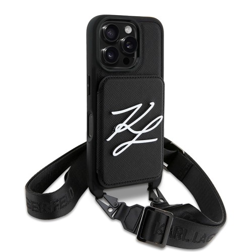 Karl Lagerfeld для iPhone 16 Pro Max чехол Crossbody cardslot PU Saffiano Autograph Hard Black