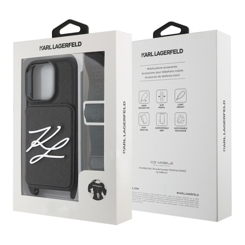 Karl Lagerfeld для iPhone 16 Pro Max чехол Crossbody cardslot PU Saffiano Autograph Hard Black