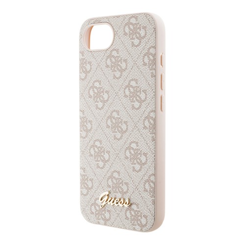 Guess для iPhone 16e чехол PU 4G Script metal logo Hard Pink (MagSafe)