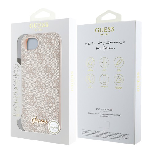 Guess для iPhone 16e чехол PU 4G Script metal logo Hard Pink (MagSafe)
