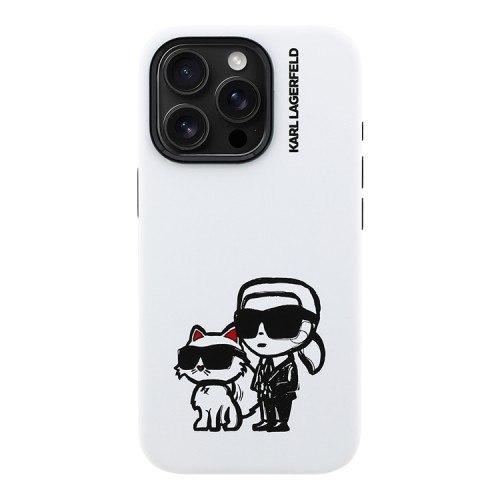 Karl Lagerfeld для iPhone 16 Pro чехол Liquid Silicone Sketch Karl&Choupette White (MagSafe)