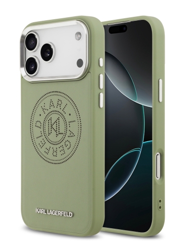 Karl Lagerfeld для iPhone 17 Pro Max чехол PU Perforated Round logo Metal camera Hard Green (MagSafe)