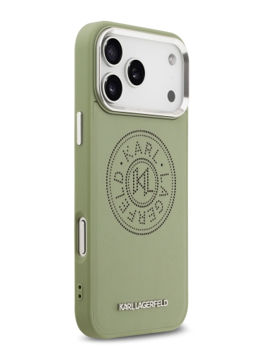 Karl Lagerfeld для iPhone 17 Pro Max чехол PU Perforated Round logo Metal camera Hard Green (MagSafe)