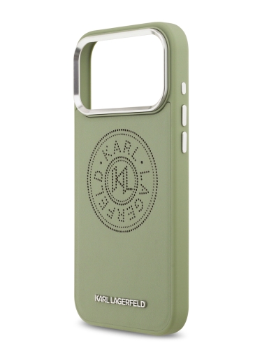Karl Lagerfeld для iPhone 17 Pro Max чехол PU Perforated Round logo Metal camera Hard Green (MagSafe)
