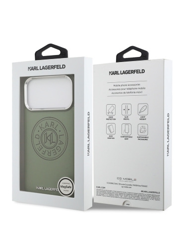 Karl Lagerfeld для iPhone 17 Pro Max чехол PU Perforated Round logo Metal camera Hard Green (MagSafe)