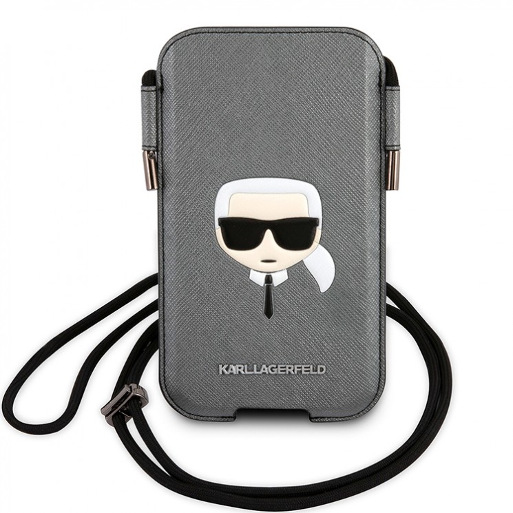 Lagerfeld для смартфонов Pouch PU Saffiano Karl's head Silver (L-size) KLHCP12LOPHKHG
