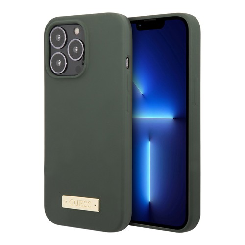 Чехол Guess Liquid Silicone Plate metal logo Hard для iPhone 13 Pro Max, зеленый (Magsafe)