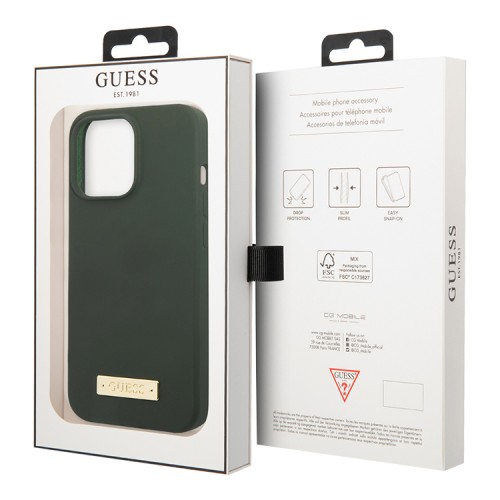 Чехол Guess Liquid Silicone Plate metal logo Hard для iPhone 13 Pro Max, зеленый (Magsafe)