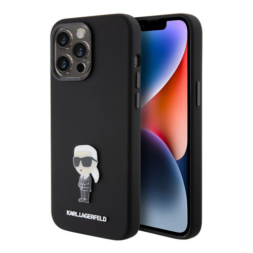 Lagerfeld для iPhone 15 Pro чехол Liquid silicone NFT Karl Ikonik metal pin Hard Black