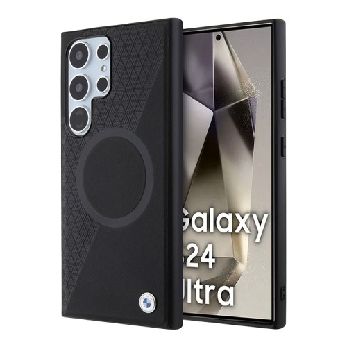BMW для Galaxy S24 Ultra чехол Leather Half Textured with Ring Metal logo Hard Black (MagSafe)