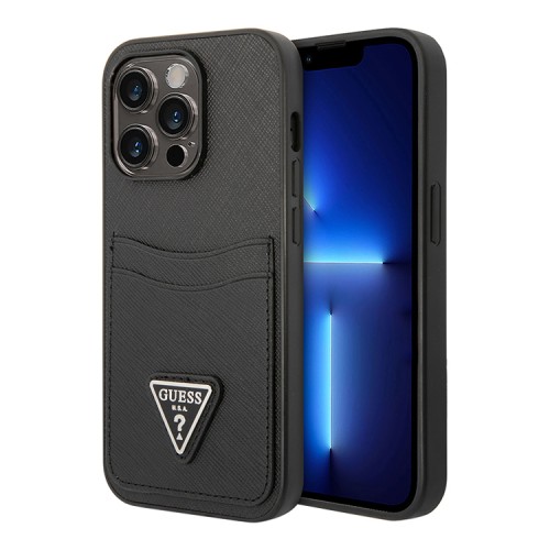 Guess для iPhone 15 Pro чехол PU Saffiano Double cardslot Metal triangle logo Hard Black