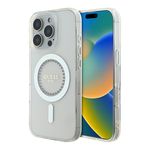 Guess для iPhone 16 Pro чехол PC/TPU Diamond Rhinestone Circle White (MagSafe)