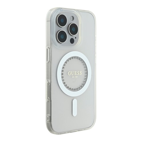 Guess для iPhone 16 Pro чехол PC/TPU Diamond Rhinestone Circle White (MagSafe)