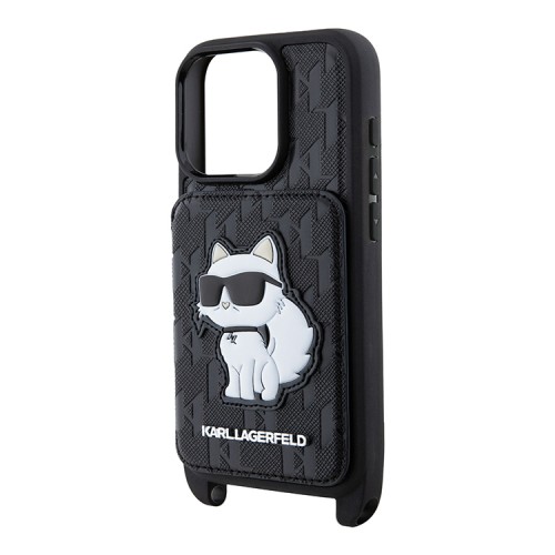 Karl Lagerfeld для iPhone 16 Pro Max чехол Crossbody cardslot PU Saffiano Monogram NFT Choupette Hard Black