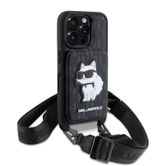 Karl Lagerfeld для iPhone 16 Pro Max чехол Crossbody cardslot PU Saffiano Monogram NFT Choupette Hard Black