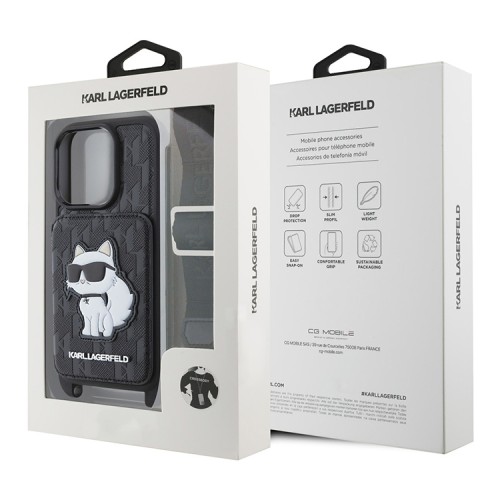 Karl Lagerfeld для iPhone 16 Pro Max чехол Crossbody cardslot PU Saffiano Monogram NFT Choupette Hard Black