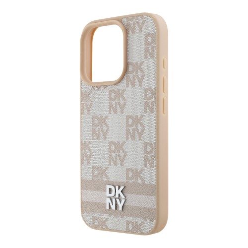 DKNY для iPhone 16 Pro чехол PU Checkered Printed stripes Metal logo Hard Pink