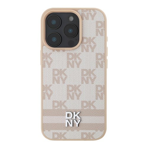 DKNY для iPhone 16 Pro чехол PU Checkered Printed stripes Metal logo Hard Pink