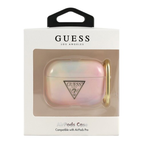 Чехол Guess Tie & Dye Triangle Electroplate logo с кольцом для Airpods Pro, розовый