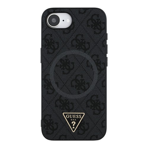 Guess для iPhone 16e чехол PU 4G Triangle Diamond metal logo Hard Black (MagSafe)