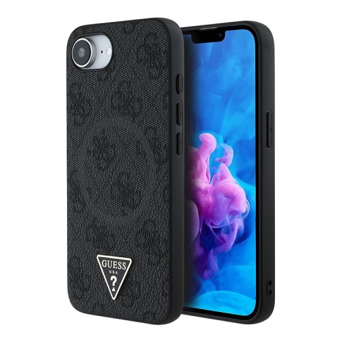 Guess для iPhone 16e чехол PU 4G Triangle Diamond metal logo Hard Black (MagSafe)